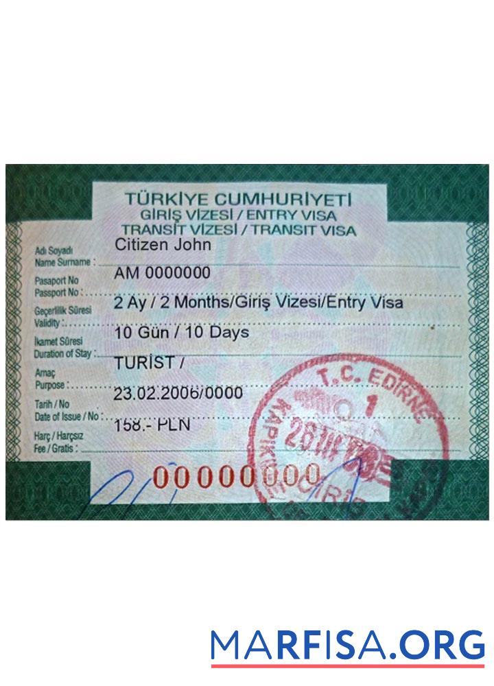 Realistic Turkey entry visa template